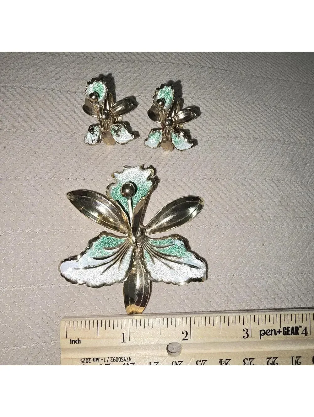Vintage 1960s Sugar Enamel Orchid Brooch Pin & Earring Set Gold Tone Mid Century